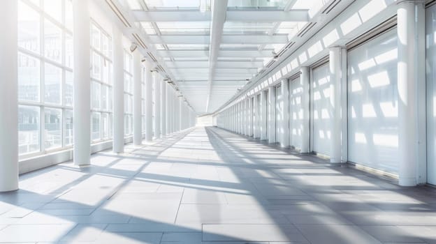 A long hallway filled with natural light from numerous windows along white walls. The space appears spacious and bright, creating a sense of openness and cleanliness.