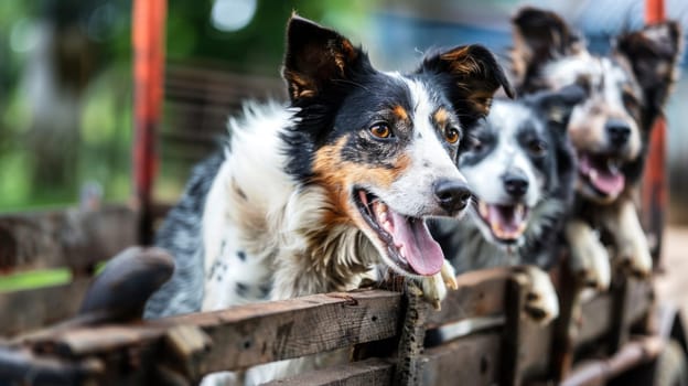 A group of dogs are poking their heads and paws through a wooden fence, eagerly looking outward. The dogs are of varying breeds and sizes, with some wagging their tails in excitement.
