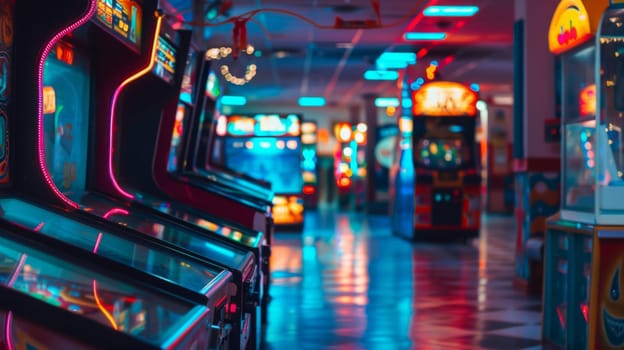 Several arcade machines are lined up next to each other in a row. Each machine features colorful graphics and buttons for gameplay. The arcade cabinets are illuminated, creating a vibrant and nostalgic atmosphere.