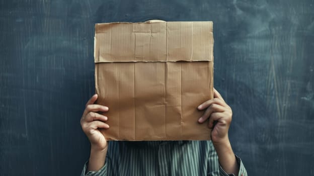 A person is standing with their face covered by a brown paper bag, concealing their identity. The individual is holding the bag with both hands, with only their eyes peeking out.