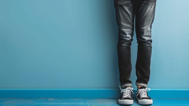 A person is standing upright in front of a blue wall. The individuals posture is straight, and their gaze is forward. The blue wall provides a stark contrast to the persons figure.