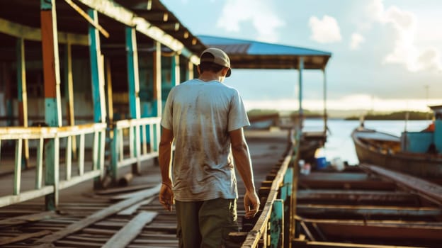 A man is walking down a pier next to a body of water. The man is taking slow steps, with the water gently lapping against the pier. The scene captures a tranquil moment of reflection.