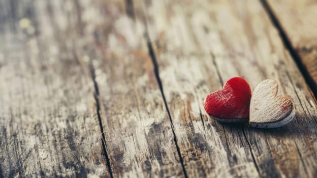 Two heart-shaped objects are placed on a wooden table. The hearts are red in color and sit perfectly still on the tables surface.