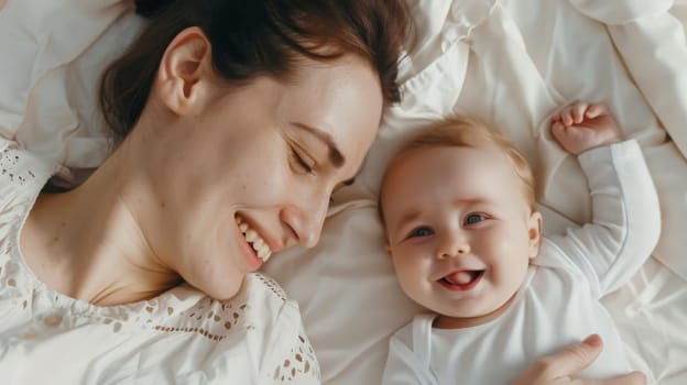 A woman is lying on a bed while holding a baby in her arms. Both appear relaxed as they rest together in a comfortable setting.