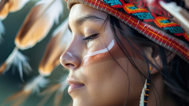 A young Native American girl wearing traditional clothing and a headdress, with her face painted in tribal designs. She is standing outdoors, looking directly at the camera with a proud expression.