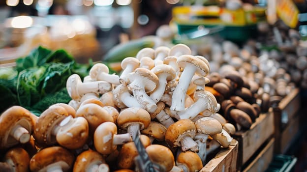 A collection of various mushrooms arranged in a pile on top of a wooden box. The mushrooms vary in size, shape, and color, creating an interesting display.