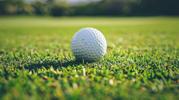 A golf ball rests on top of a meticulously manicured, vibrant green field. The ball contrasts sharply against the lush grass, creating a striking visual element. The setting suggests a calm and serene atmosphere, ideal for a leisurely game of golf.