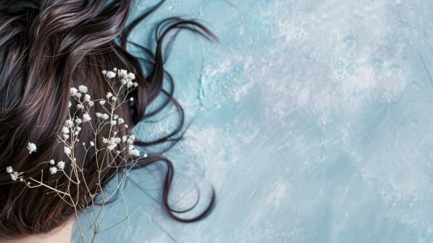A woman is depicted with a flower elegantly tucked behind her ear, adding a touch of natural beauty to her appearance. The focus is on the flower in her hair.