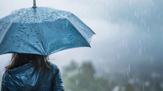 A woman stands in the rain, holding an umbrella over her head as water droplets fall around her. She is dressed in weather-appropriate attire and appears to be protected from the elements by the umbrella.
