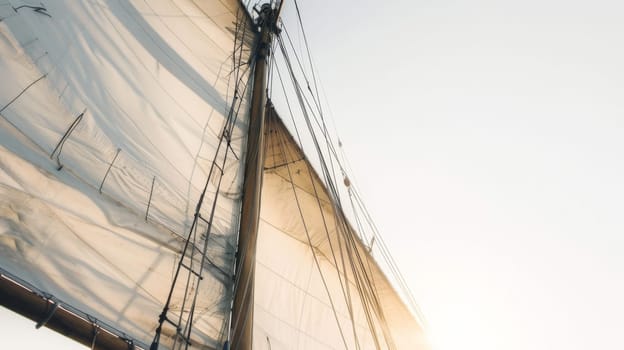 A sailboat navigating the open waters, its sails billowing in the wind as it moves gracefully across the sea under the power of the wind.