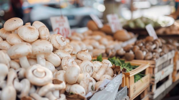 A variety of mushrooms are arranged on a wooden table, showcasing different shapes, colors, and sizes. Some mushrooms have gills visible, while others have a smooth cap. The table is set against a plain background, highlighting the natural beauty of the mushrooms.