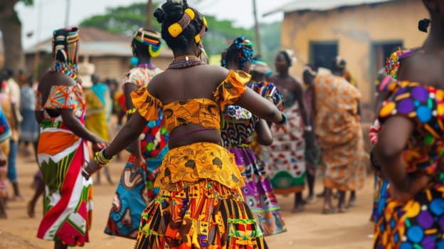 A group of women wearing vibrant and colorful clothing stand together, showcasing a diverse range of colors and patterns. Their attire exudes a sense of unity and celebration as they gather in a lively and colorful scene.