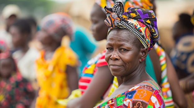 A collection of women wearing vibrant and colorful attire, standing together in a group. Their attire consists of various hues and patterns, creating a visually striking scene.