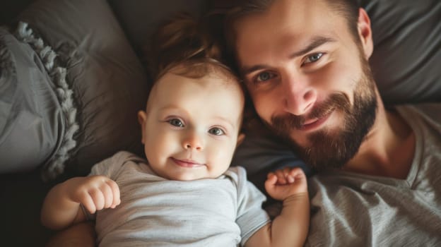 A man is lying down next to a baby on a bed. The man is looking at the baby with a gentle expression, while the baby is peacefully sleeping. The setting is a cozy bedroom with soft lighting.