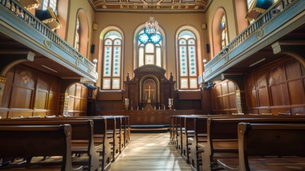 The inside of a church is captured, showing rows of wooden pews and vibrant stained glass windows. Sunlight streams in, casting colorful patterns on the floor, and the architecture exudes a sense of grandeur and reverence.