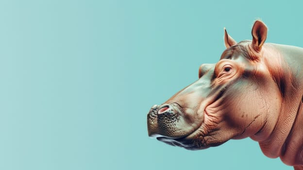A close-up view of a hippopotamus displaying its massive body and imposing presence against a solid blue background. The hippos thick skin, large mouth, and nostrils are prominently featured in the image.
