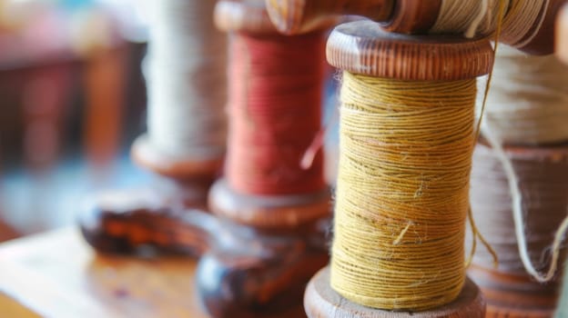 A line of colorful spools of thread neatly arranged on top of a wooden table, showcasing various shades and textures used for sewing and crafting projects.