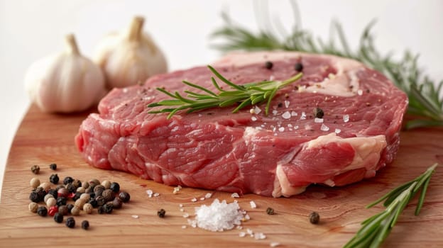 A raw piece of meat is placed on top of a wooden cutting board. The meat appears fresh and uncooked, ready to be prepared for a meal.