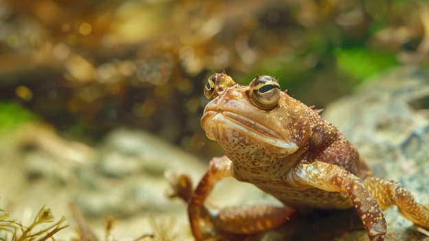 A close-up view of a frog perched on a rock in its natural habitat. The frogs skin texture and vibrant colors are visible as it sits calmly on the sun-warmed surface.