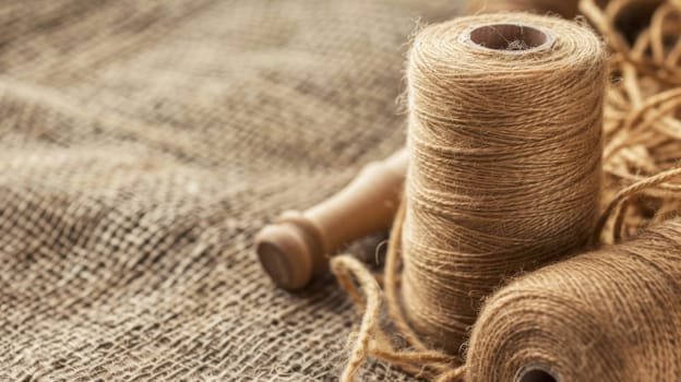 Two spools of twine yarn are placed side by side on a wooden table. The yarn is neatly wound around each spool, with the colorful threads clearly visible.