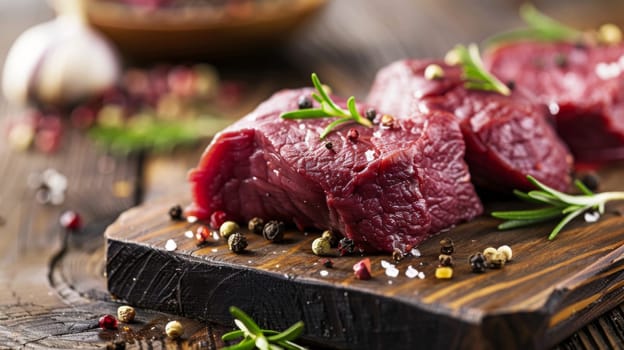 A wooden cutting board is shown with raw meat placed on top. The meat appears fresh, uncooked, and ready for preparation. The cutting board is well-maintained and provides a clean surface for food handling.