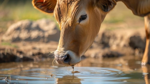 A close-up view of a cow standing in a pond, its mouth dipped into the water as it drinks. The cows head is lowered, and ripples form around it.