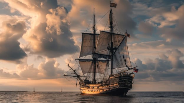 A sailboat moves across the ocean, propelled by the wind, as it navigates under a sky filled with dark and swirling clouds. The boats white sails catch the breeze, adding momentum to its journey through the water.