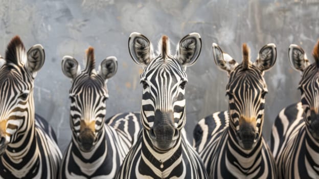 A herd of zebra standing closely next to each other in a grassy field, showcasing their striped black and white coats. The zebras appear alert and are observing their surroundings.