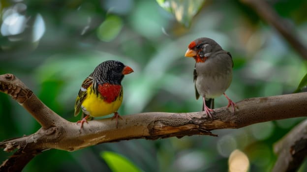 A pair of birds sit atop a sturdy tree branch, observing their surroundings with watchful eyes. Their feathers blend seamlessly with the bark, camouflaging them against potential predators.