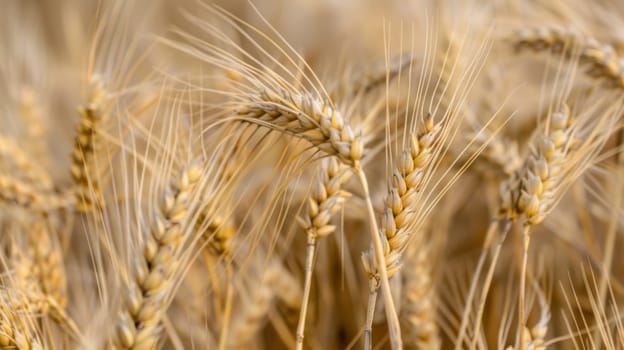 A vast field of golden wheat stands tall and ready for harvest. The grains are fully ripened, waiting to be cut and gathered by farm machinery. The scene signifies the culmination of months of growth and is a critical moment in the agricultural process.