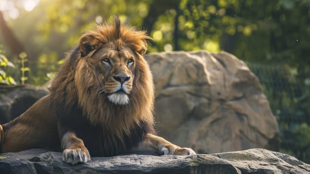 A lion is perched confidently on a massive rock, surveying its surroundings with a regal demeanor. The majestic felines golden mane contrasts against the rugged texture of the stone beneath it, portraying strength and dominance in the wild.