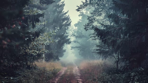 A narrow dirt road meanders through a dense forest, surrounded by tall trees and thick undergrowth. The road appears well-worn, with patches of dirt and gravel visible. Sunlight filters through the canopy above, creating dappled light on the forest floor.