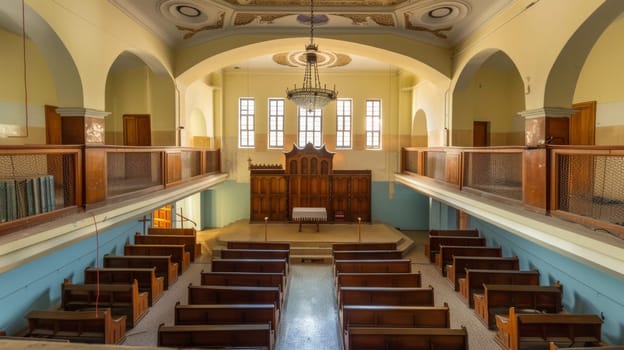 An empty church with rows of wooden pews lining the aisles, illuminated by a grand chandelier hanging from the ceiling. Light filters through stained glass windows, casting colorful patterns on the floor.