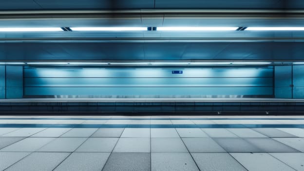 An empty subway station is depicted, showcasing a tiled floor and walls painted in a shade of blue. The absence of people adds to the eerie atmosphere of the underground setting.