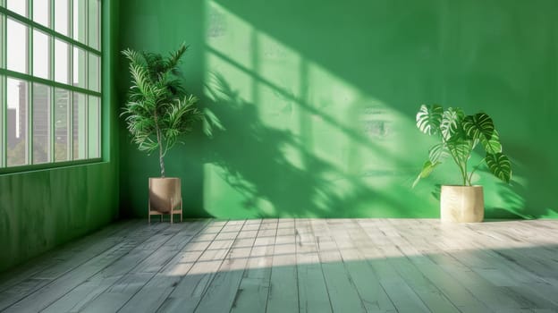A room featuring a vibrant green wall with two potted plants standing against it. The plants add a touch of nature to the space, creating a fresh and inviting atmosphere. The minimalistic design allows the greenery to stand out as the focal point.