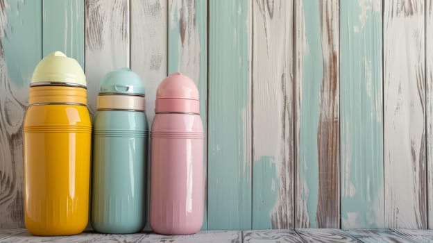 Three thermos in different colors - red, blue, and green - arranged neatly in a row against a wooden wall. The thermos appear to be insulated containers for hot or cold beverages.