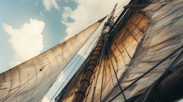 This close-up view showcases the intricate details of the white sails on a sailboat as they catch the wind, billowing gracefully against a clear sky. The focus is on the texture and patterns of the fabric, highlighting the craftsmanship that goes into sailing.