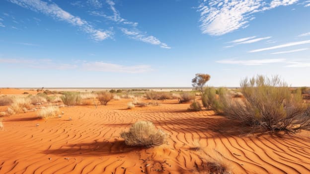 In this desert scene, sparse grass and bushes dot the arid landscape. The dry environment is evident as only minimal vegetation thrives under the harsh conditions of the desert.