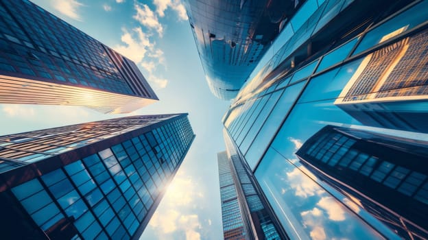 The view from street level looking up at towering skyscrapers in a bustling urban environment. A person gazes upwards, surrounded by the glass and steel structures of a cityscape.