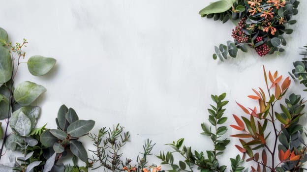 A white wall is densely covered in a variety of plants, ranging from small succulents to hanging vines. The different types of greenery create a vibrant and textured display against the stark backdrop.