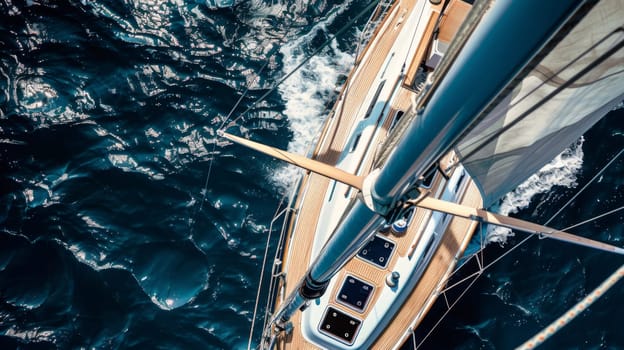A sailboat glides across a vast body of water, its sails billowing in the wind as it navigates the open seas.