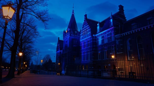 A building with a clock tower illuminated at night, casting a warm glow in the darkness. The clock face stands out, displaying the time against the dark sky.