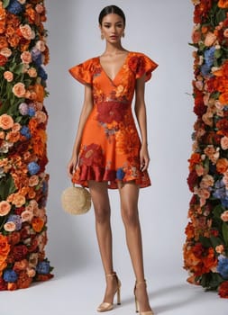 Fashionable evening orange summer dress on a mannequin. ai generative. ai generative.