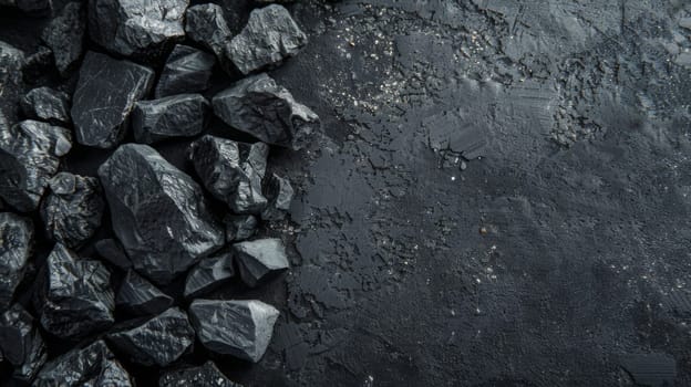 A collection of rocks arranged in a pile atop a smooth black surface. The rocks vary in size and shape, creating an interesting contrast against the dark background.