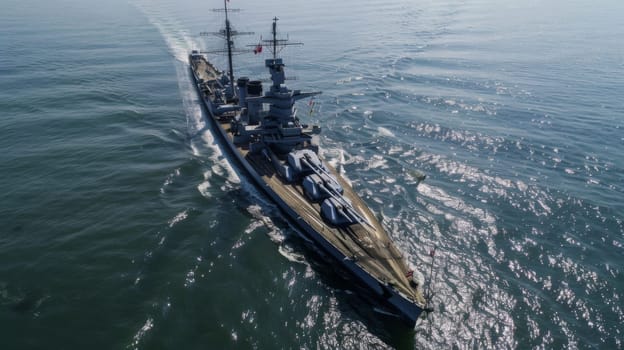 An aerial perspective of a navy ship cruising through the vast ocean waters. The ships deck is busy with crew members carrying out various tasks, while the surrounding ocean stretches endlessly to the horizon.