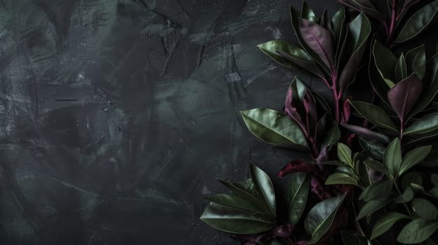 A close-up view of a green plant with vibrant leaves set against a dark background, creating a stark contrast. The leaves are healthy and lush, standing out against the deep, shadowy backdrop.