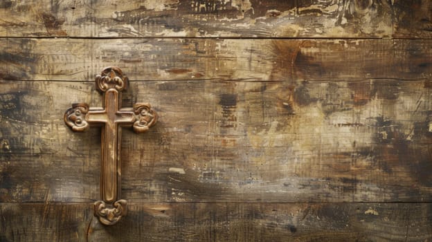 A weathered wooden wall with a cross engraved on its surface, showing signs of age and wear. The cross stands out against the faded wood, symbolizing its significance and history.