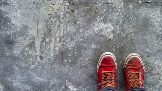 A pair of vibrant red shoes are placed neatly on top of a solid cement floor. The shoes contrast with the gray surface, drawing attention to their color. The shoes appear unused and are standing upright, creating a simple yet striking visual.