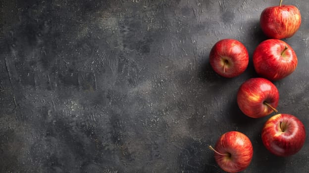 A group of red apples is neatly arranged on top of a wooden table. The apples are round and vibrant in color, creating a visually appealing display.