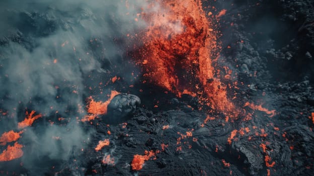 This aerial view captures a lava flow moving across the landscape, showcasing the raw power of nature as molten lava makes its way down a volcano. The vibrant orange glow contrasts against the surroundings, highlighting the destructive force at play.